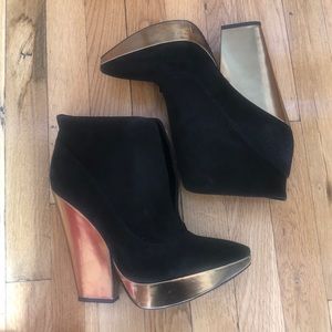 Kenneth Cole gold and black suede booties.